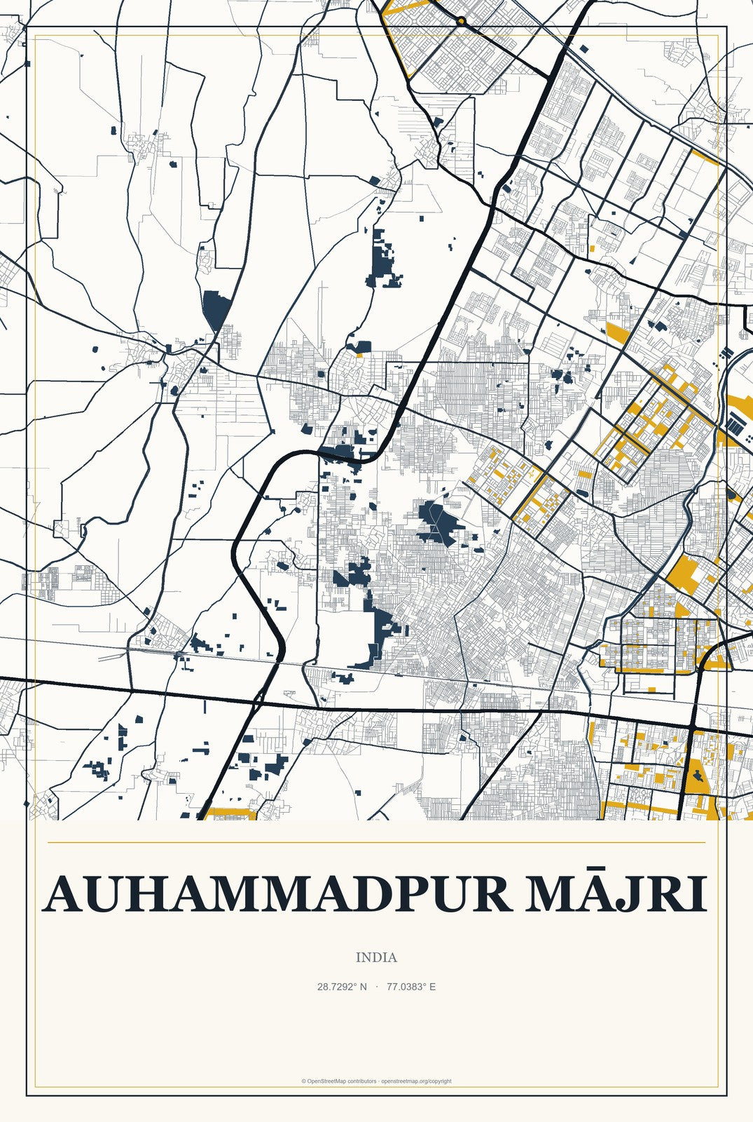 Auhammadpur Mājri, India City Map Aluminum Sign in Citrine Modern style