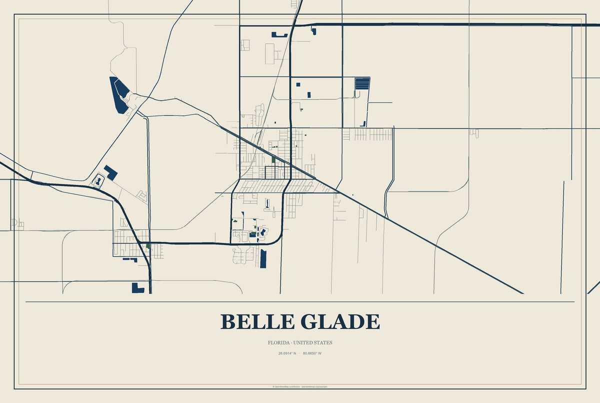 Belle Glade, Florida City Map Aluminum Sign in Coastal Cutout style