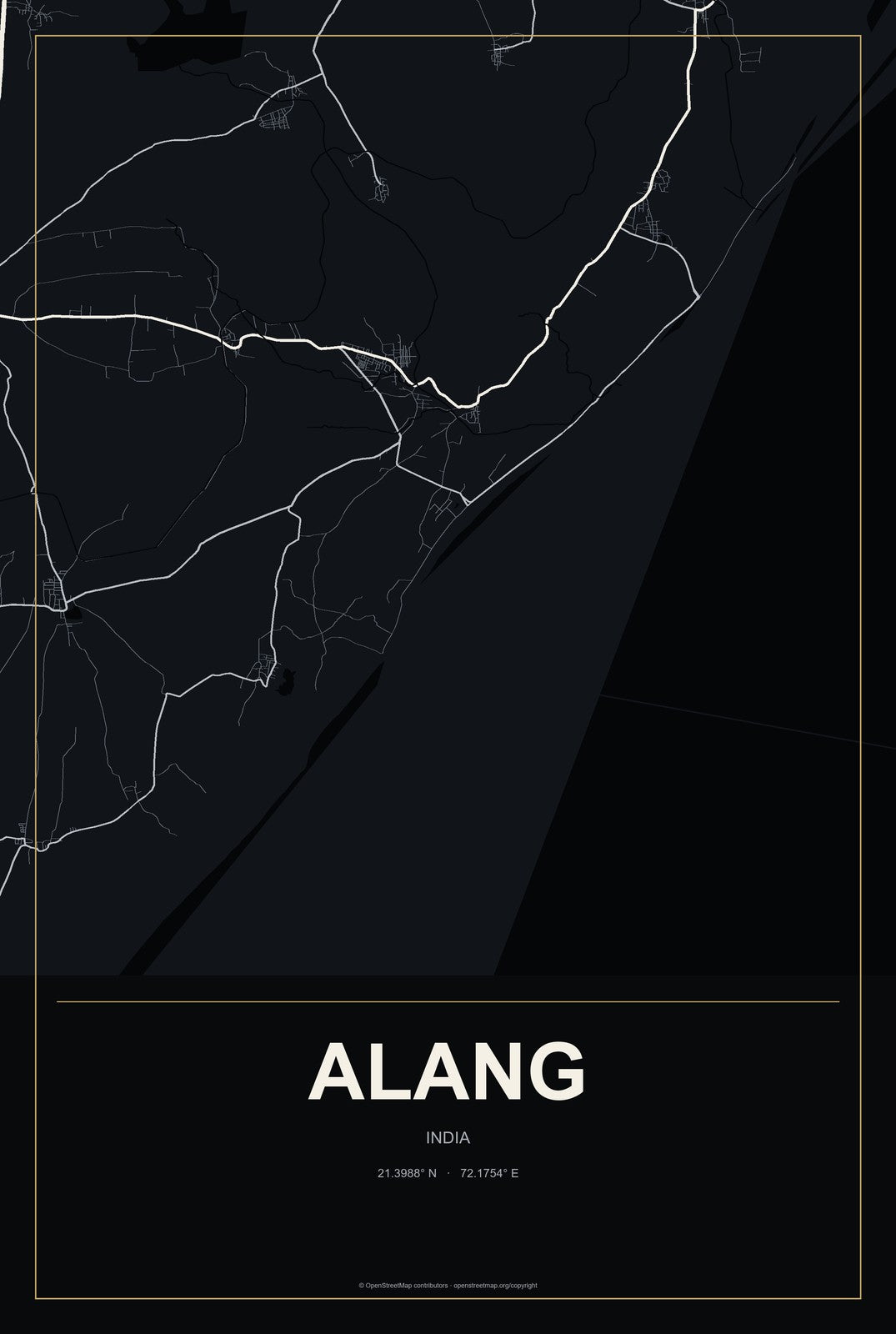 Alang, India City Map Aluminum Sign in Metropolitan Noir style