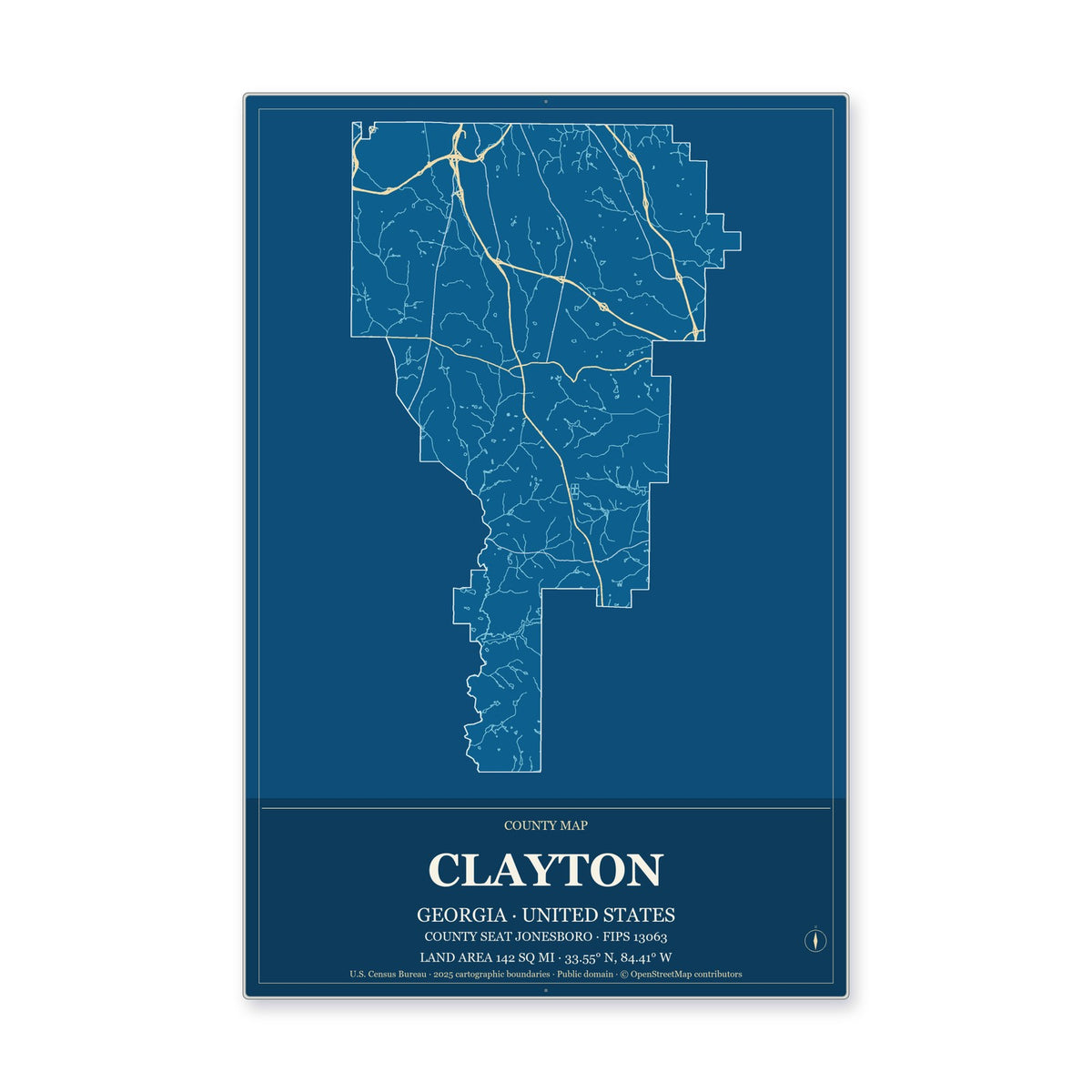 Clayton County, Georgia Map Aluminum Sign in Harbor Cobalt style