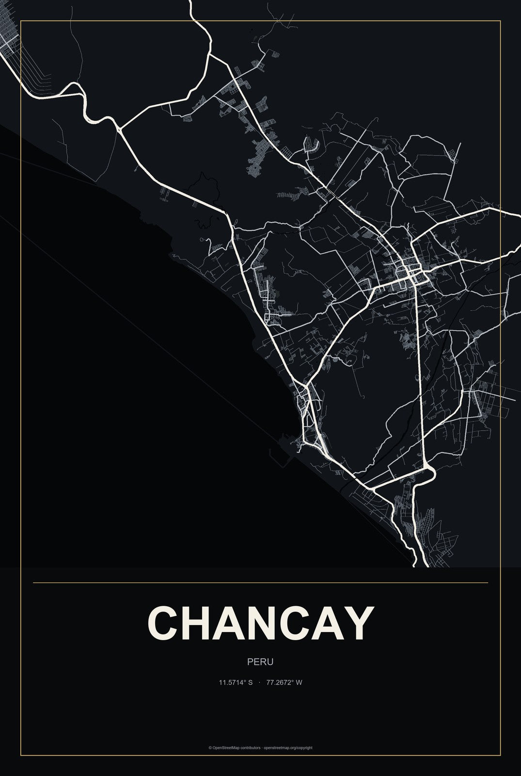 Chancay, Peru City Map Aluminum Sign in Metropolitan Noir style
