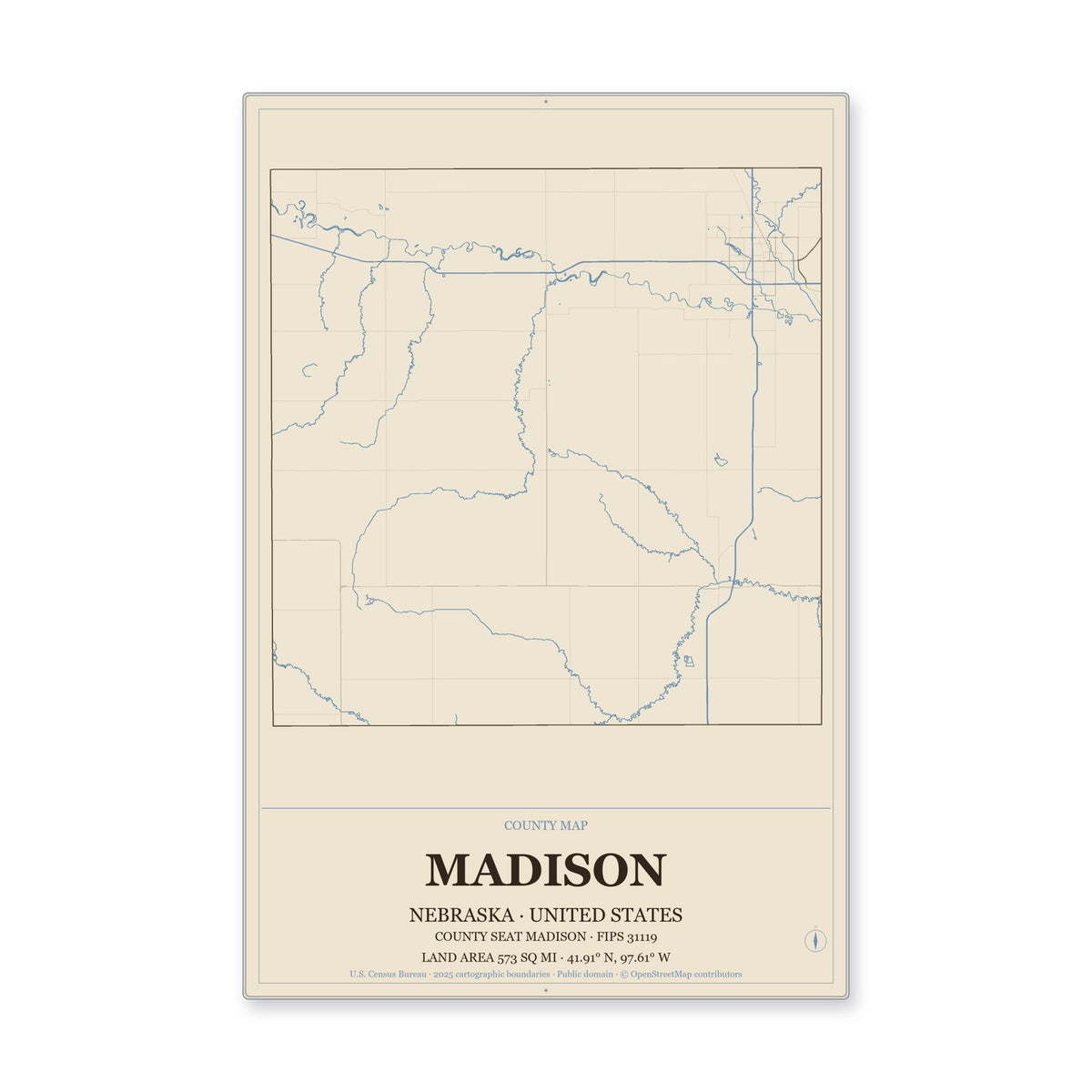 Madison County, Nebraska Map Aluminum Sign in Heritage Nautical style
