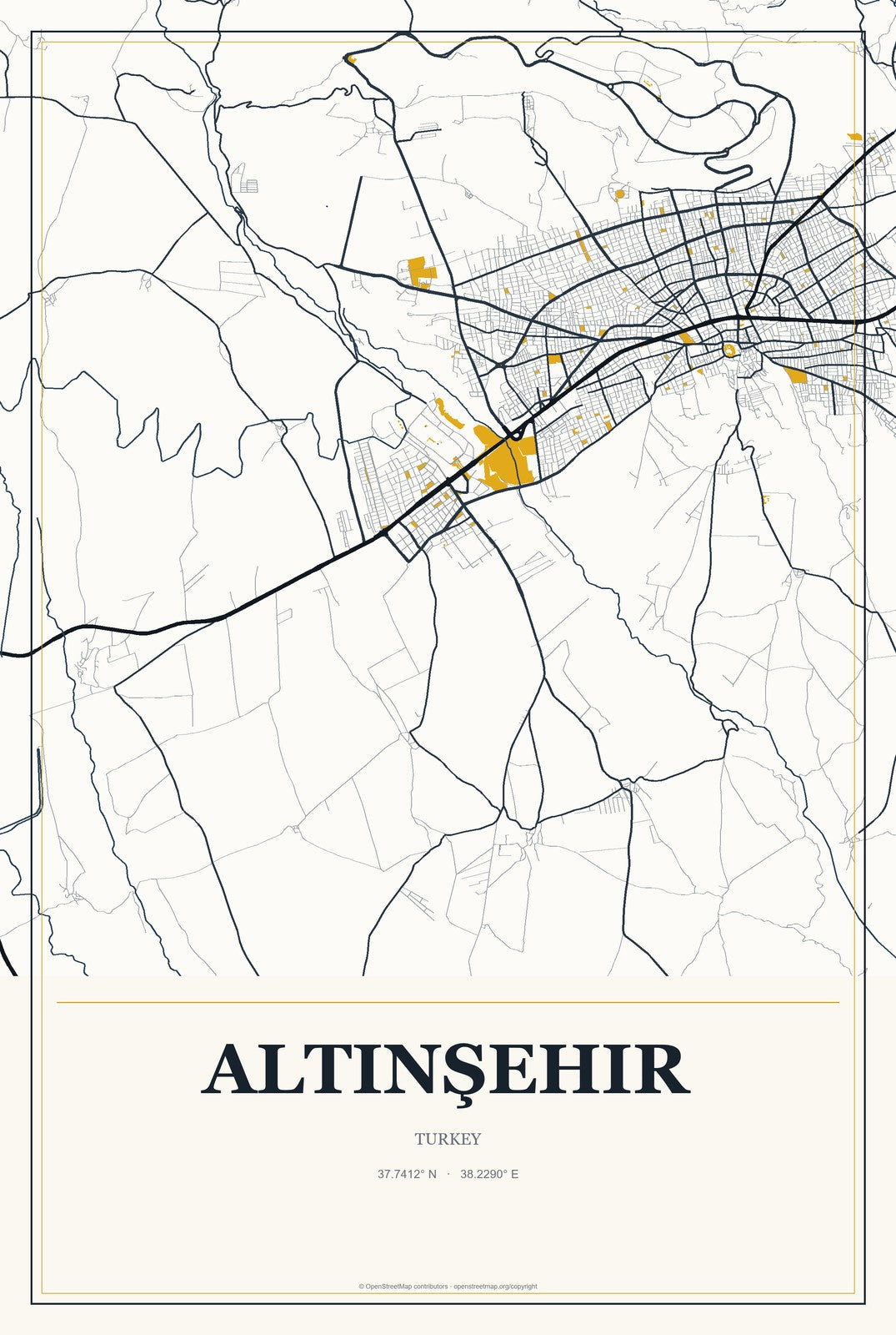 Altınşehir, Turkey City Map Aluminum Sign in Citrine Modern style