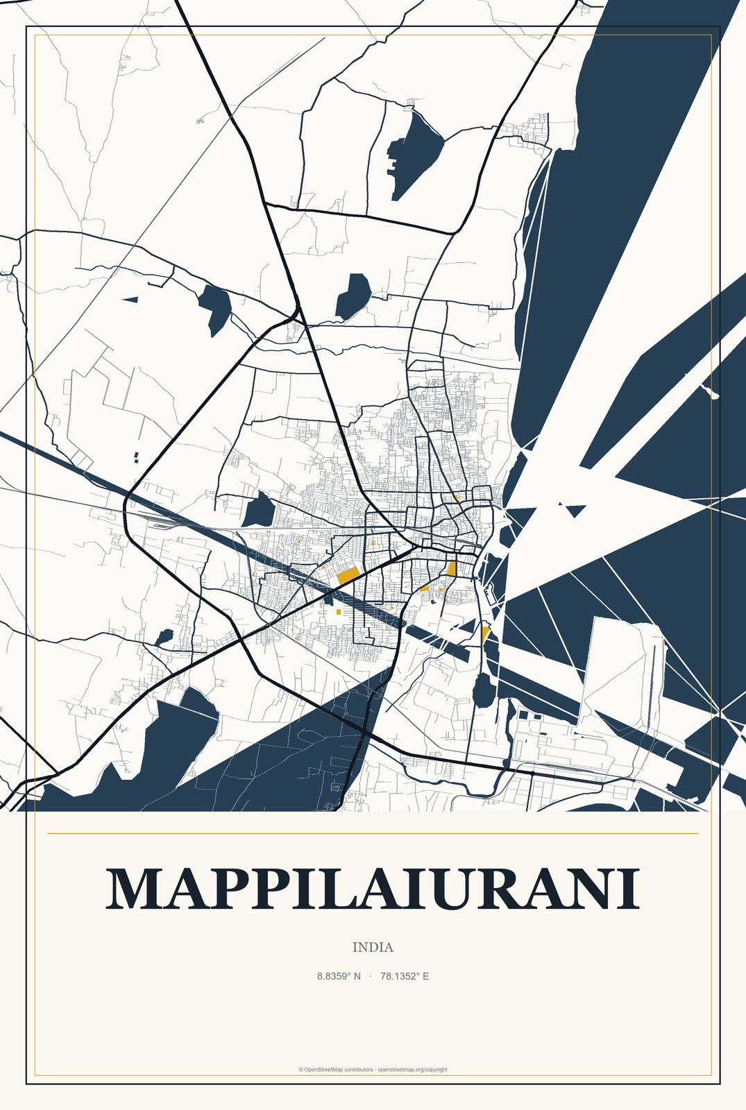 Mappilaiurani, India City Map Aluminum Sign in Citrine Modern style