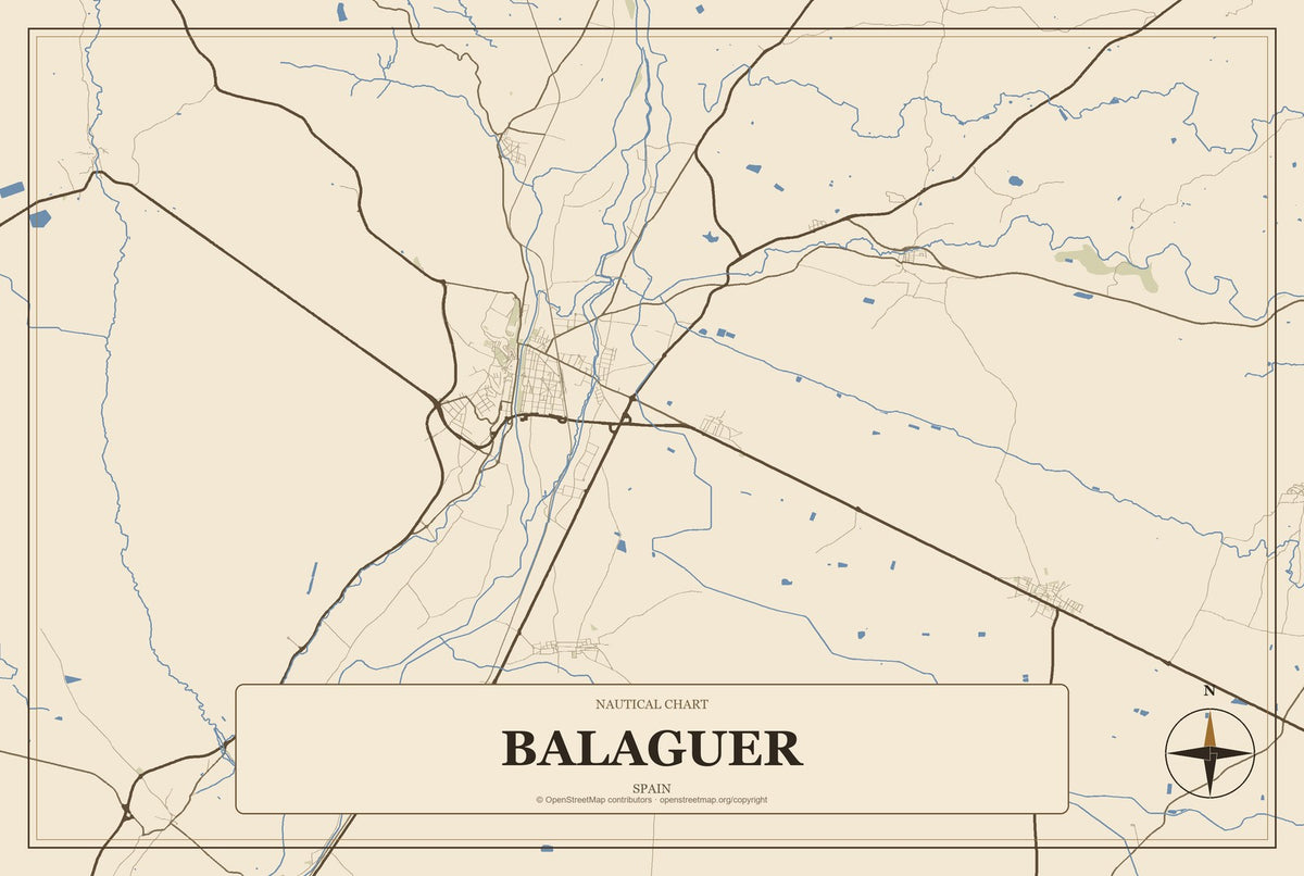 Balaguer, Spain City Map Aluminum Sign in Heritage Nautical style