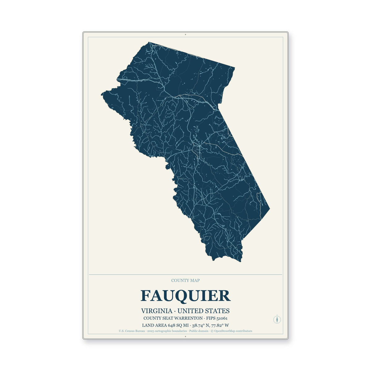 Fauquier County, Virginia Map Aluminum Sign in Coastal Cutout style