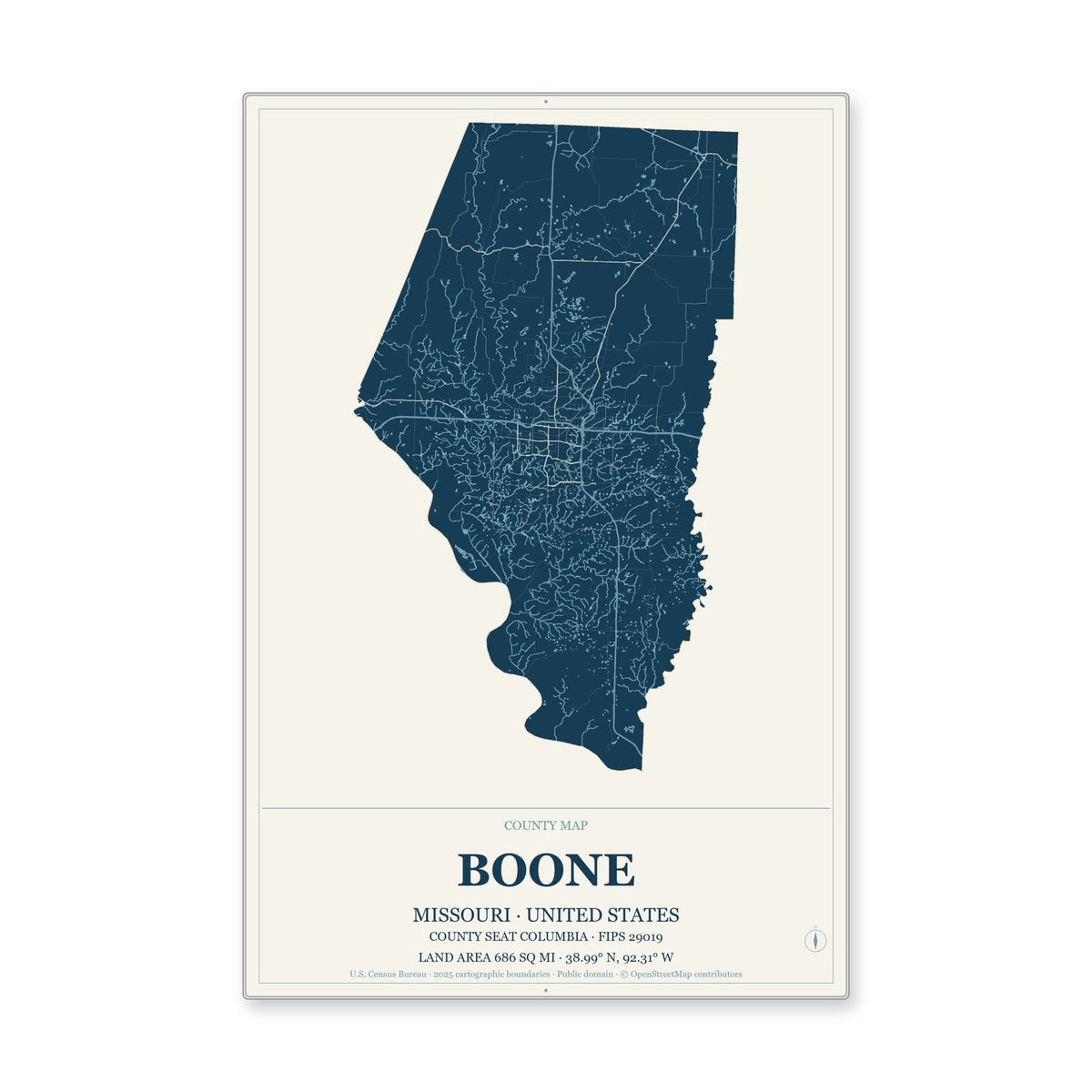 Boone County, Missouri Map Aluminum Sign in Coastal Cutout style