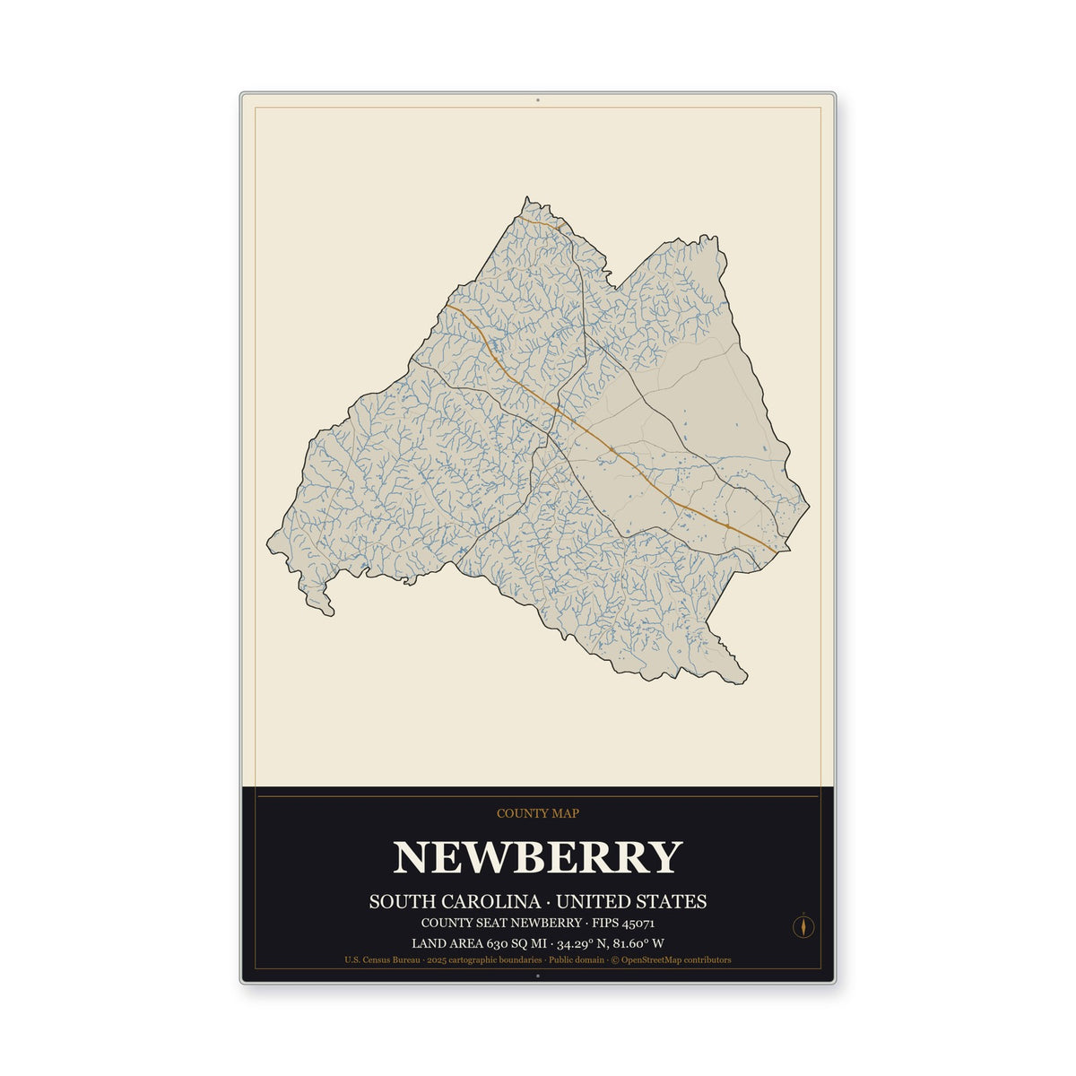 Newberry County, South Carolina Map Aluminum Sign in Museum Plaque style