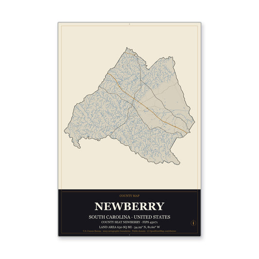 Newberry County, South Carolina Map Aluminum Sign in Museum Plaque style