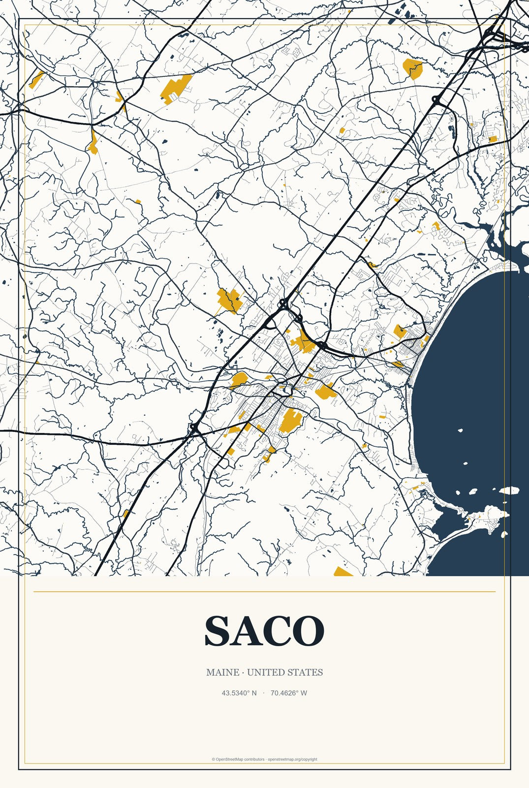 Saco, Maine City Map Aluminum Sign in Citrine Modern style