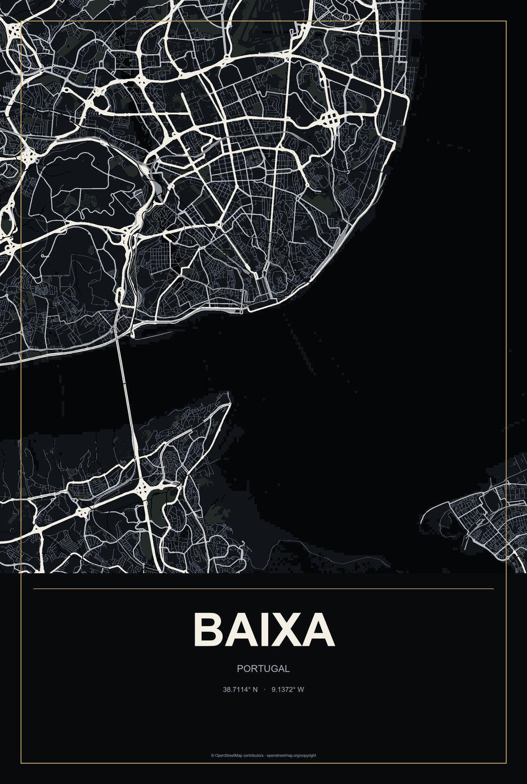 Baixa, Portugal City Map Aluminum Sign in Metropolitan Noir style