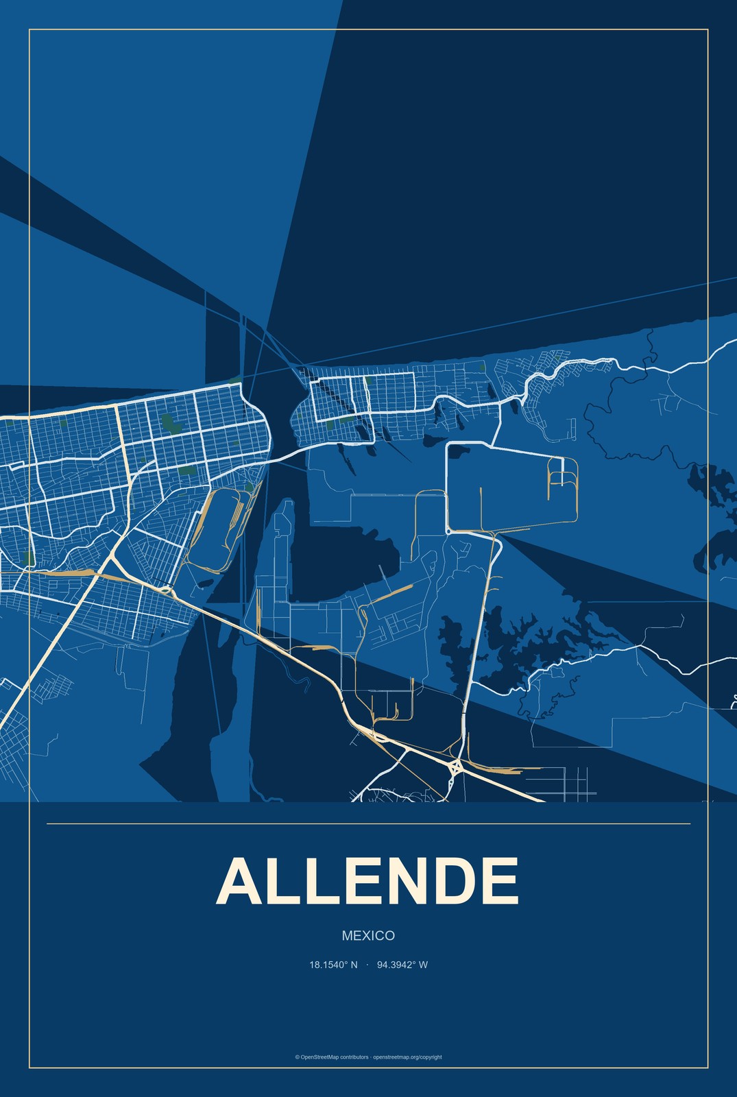Allende, Coahuila, Mexico City Map Aluminum Sign in Harbor Cobalt style