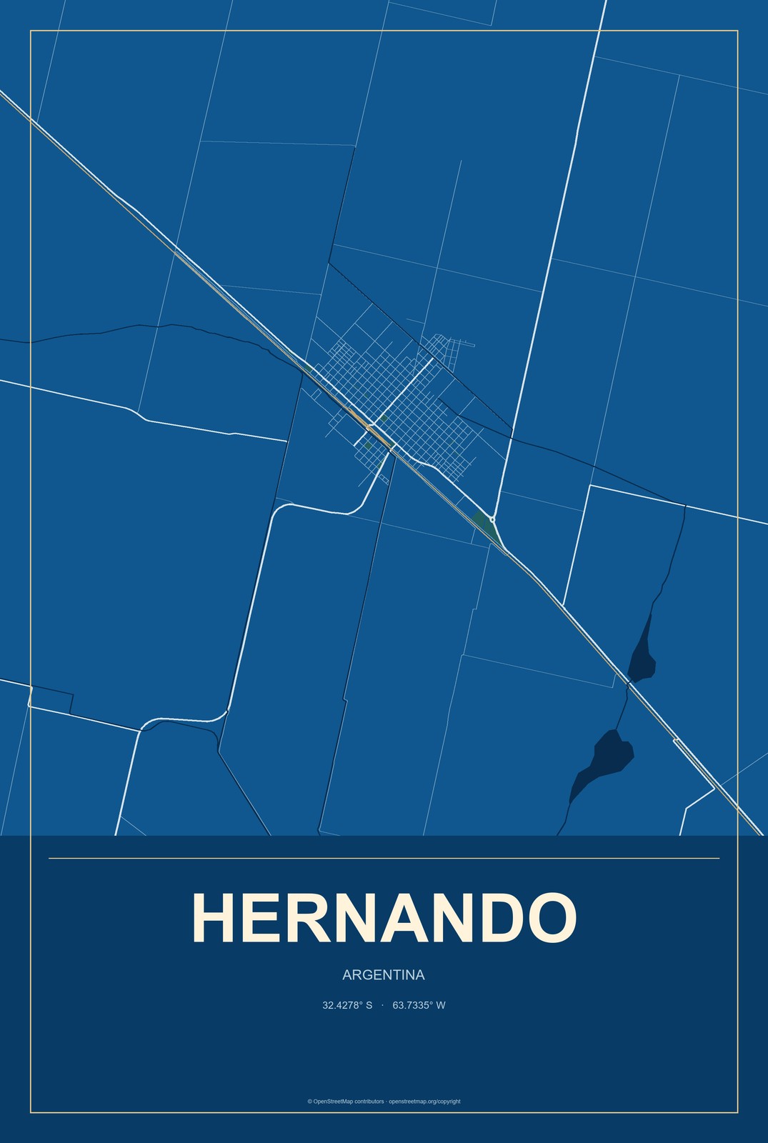 Hernando, Argentina City Map Aluminum Sign in Harbor Cobalt style