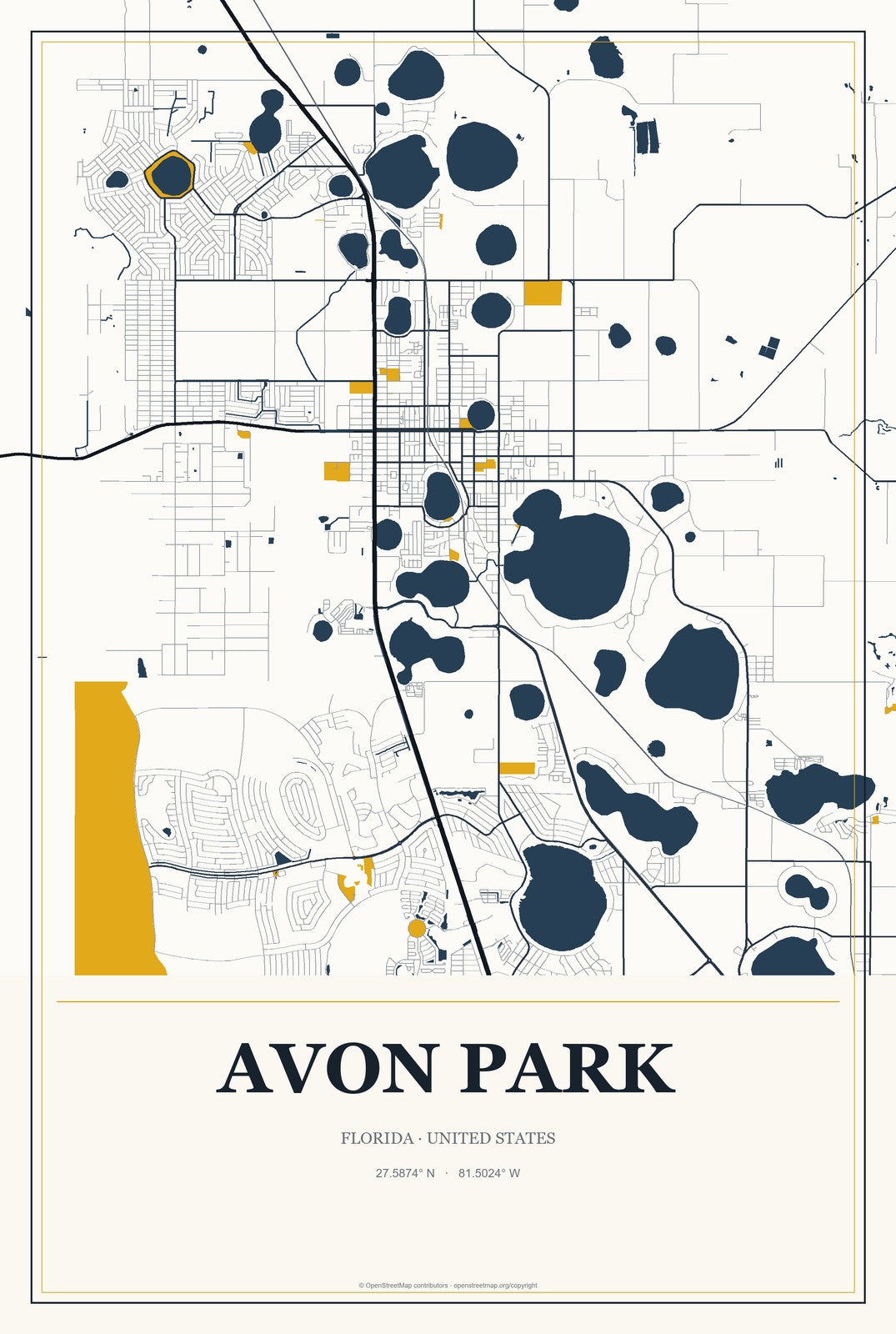Avon Park, Florida City Map Aluminum Sign in Citrine Modern style