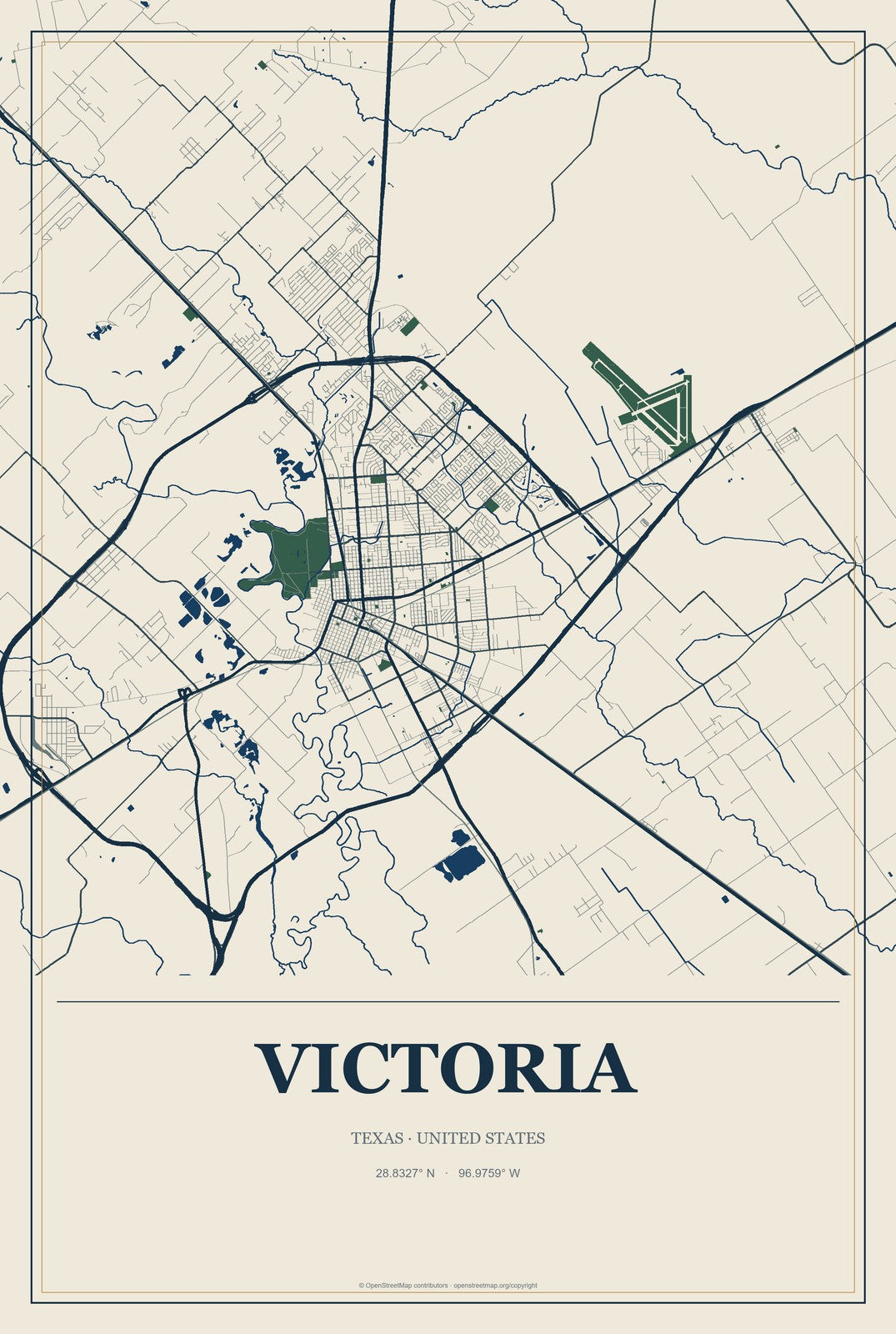 Victoria, Texas City Map Aluminum Sign in Coastal Cutout style