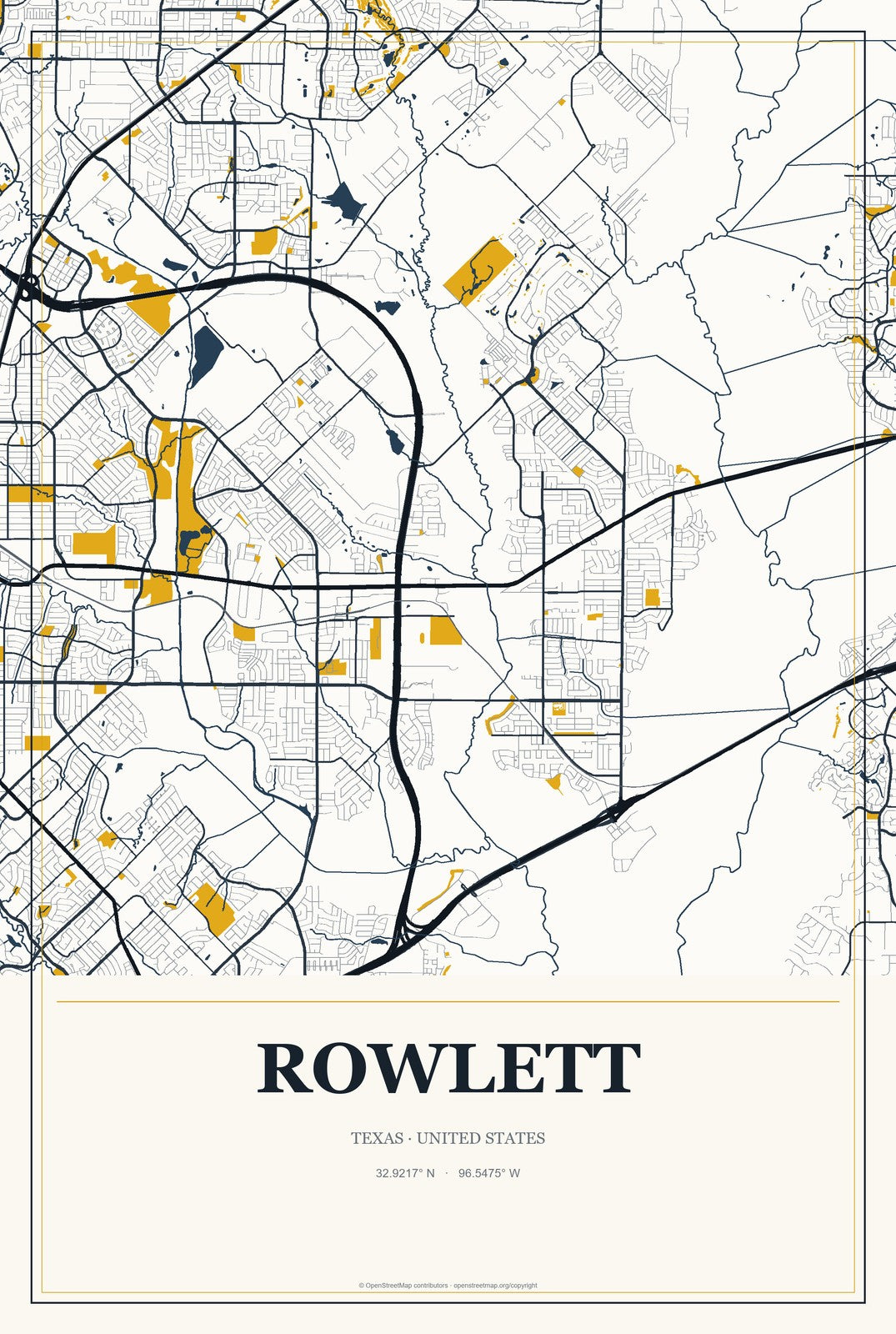 Rowlett, Texas City Map Aluminum Sign in Citrine Modern style
