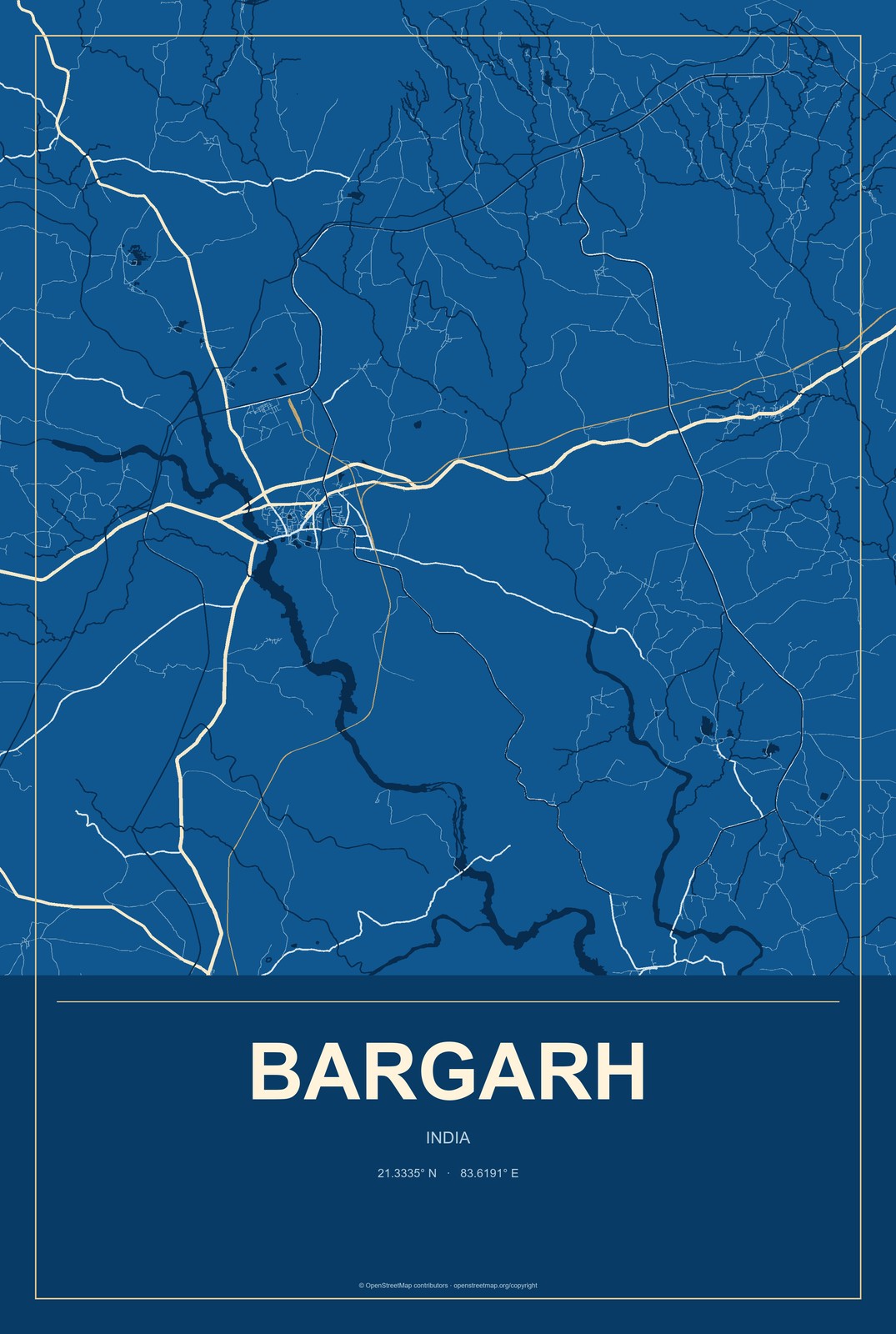 Bargarh, India City Map Aluminum Sign in Harbor Cobalt style