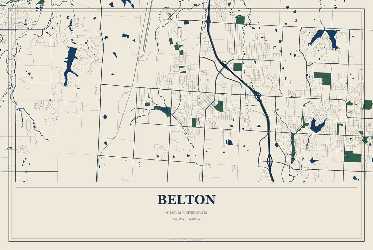 Belton, Missouri City Map Aluminum Sign in Coastal Cutout style