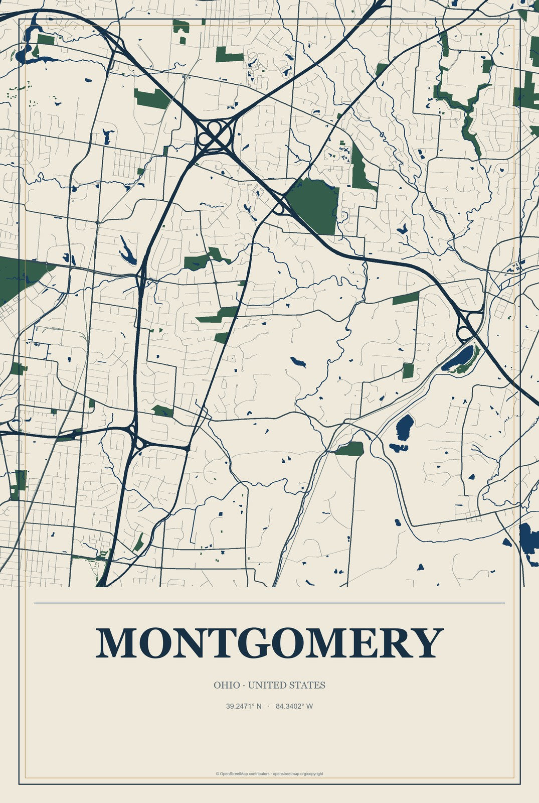 Montgomery, Ohio City Map Aluminum Sign in Coastal Cutout style