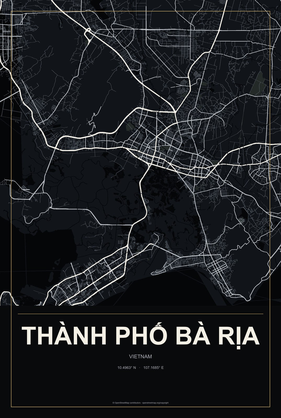 Thành Phố Bà Rịa, Vietnam City Map Aluminum Sign in Metropolitan Noir style