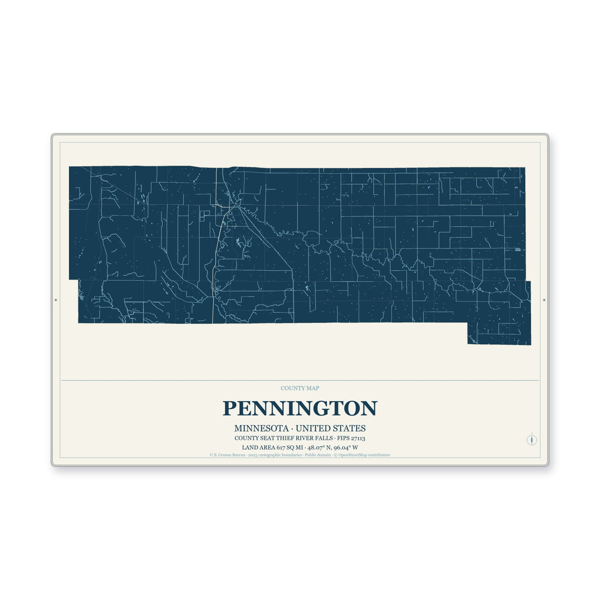 Pennington County, Minnesota Map Aluminum Sign in Coastal Cutout style