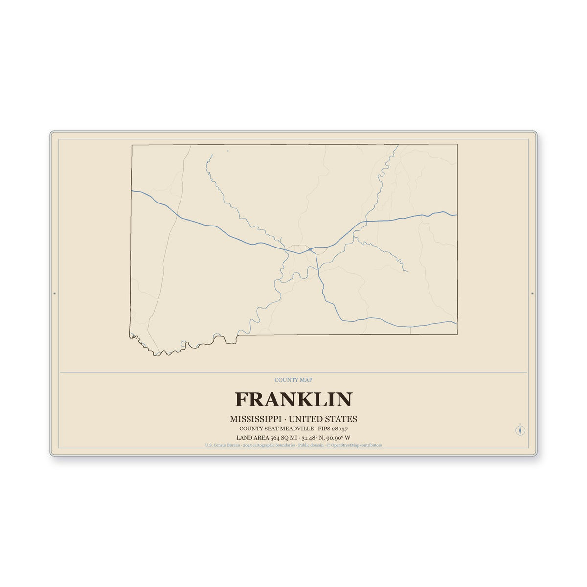 Franklin County, Mississippi Map Aluminum Sign in Heritage Nautical style