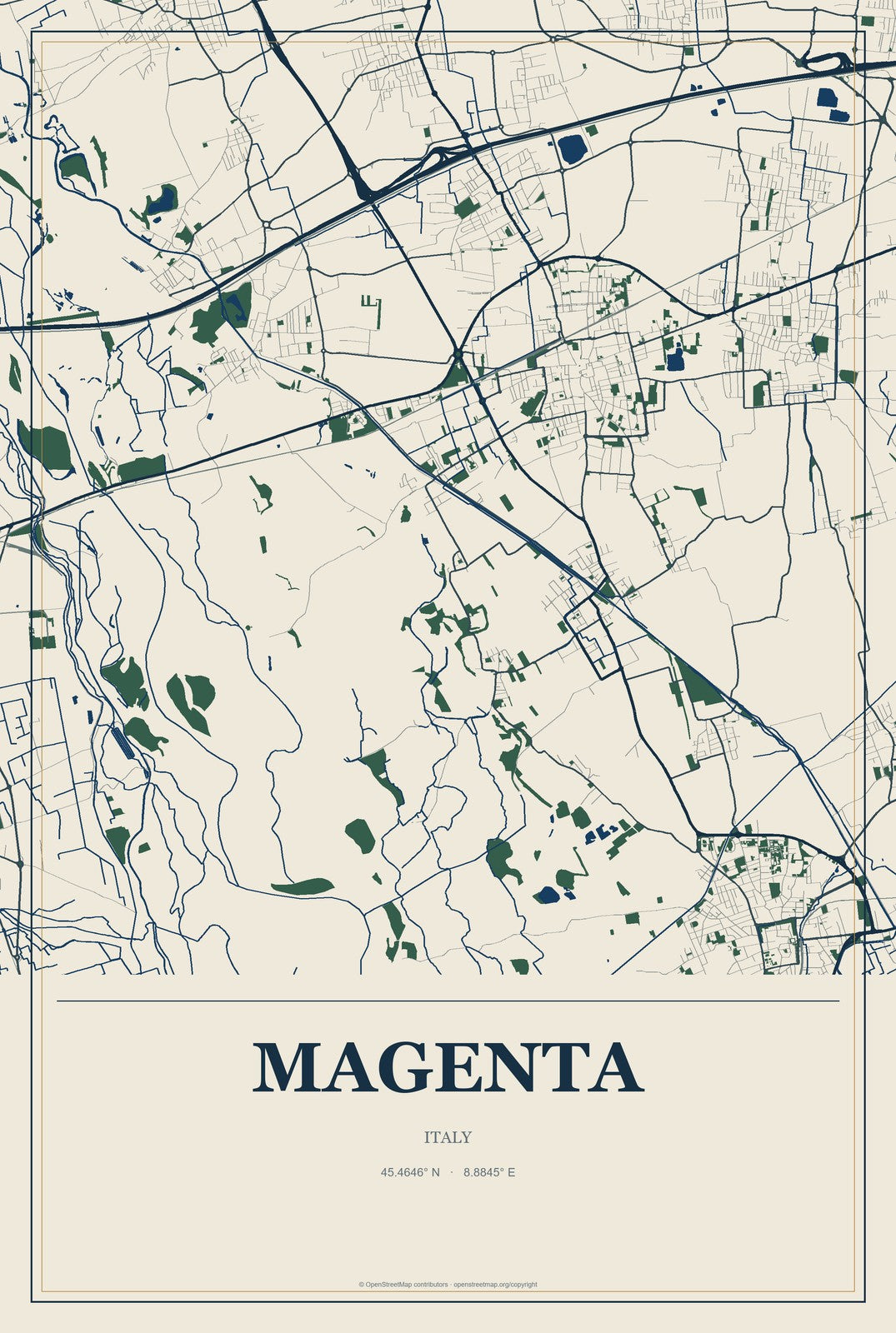 Magenta, Italy City Map Aluminum Sign in Coastal Cutout style