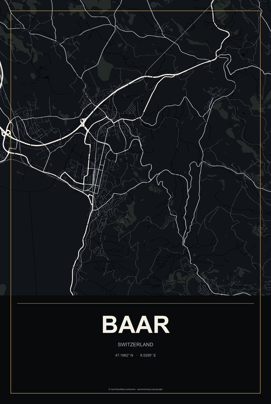Baar, Switzerland City Map Aluminum Sign in Metropolitan Noir style