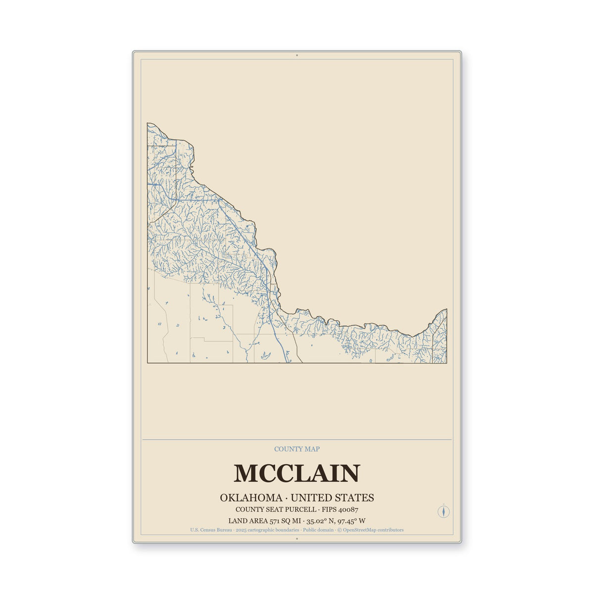 McClain County, Oklahoma Map Aluminum Sign in Heritage Nautical style