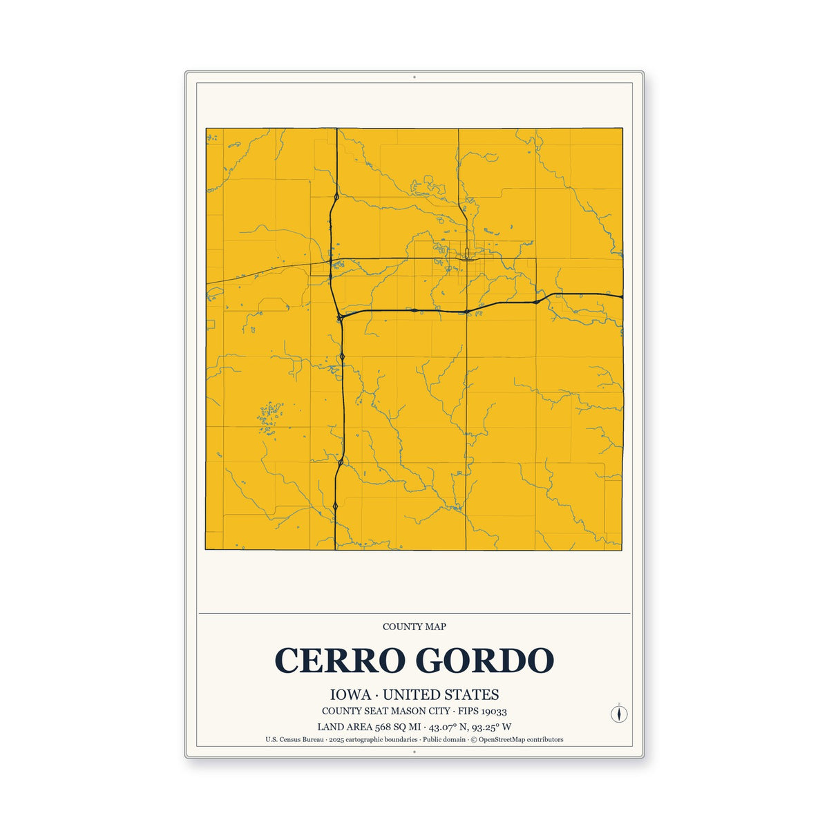 Cerro Gordo County, Iowa Map Aluminum Sign in Citrine Modern style