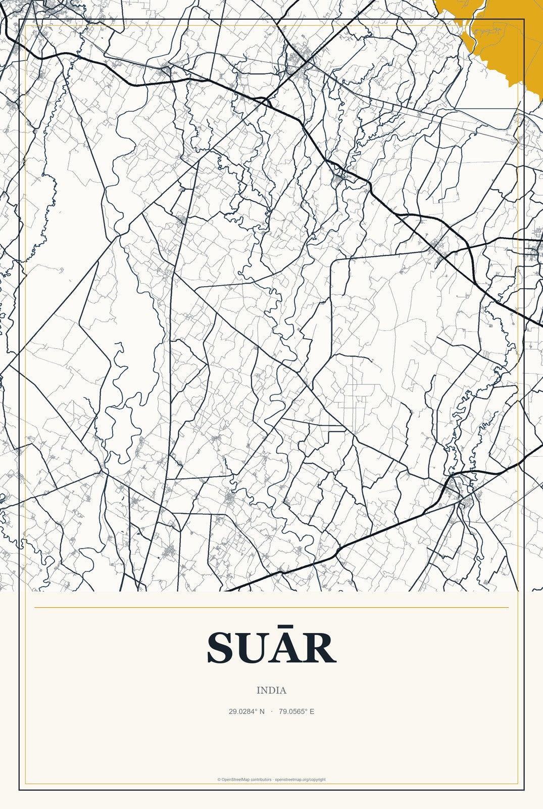 Suār, India City Map Aluminum Sign in Citrine Modern style