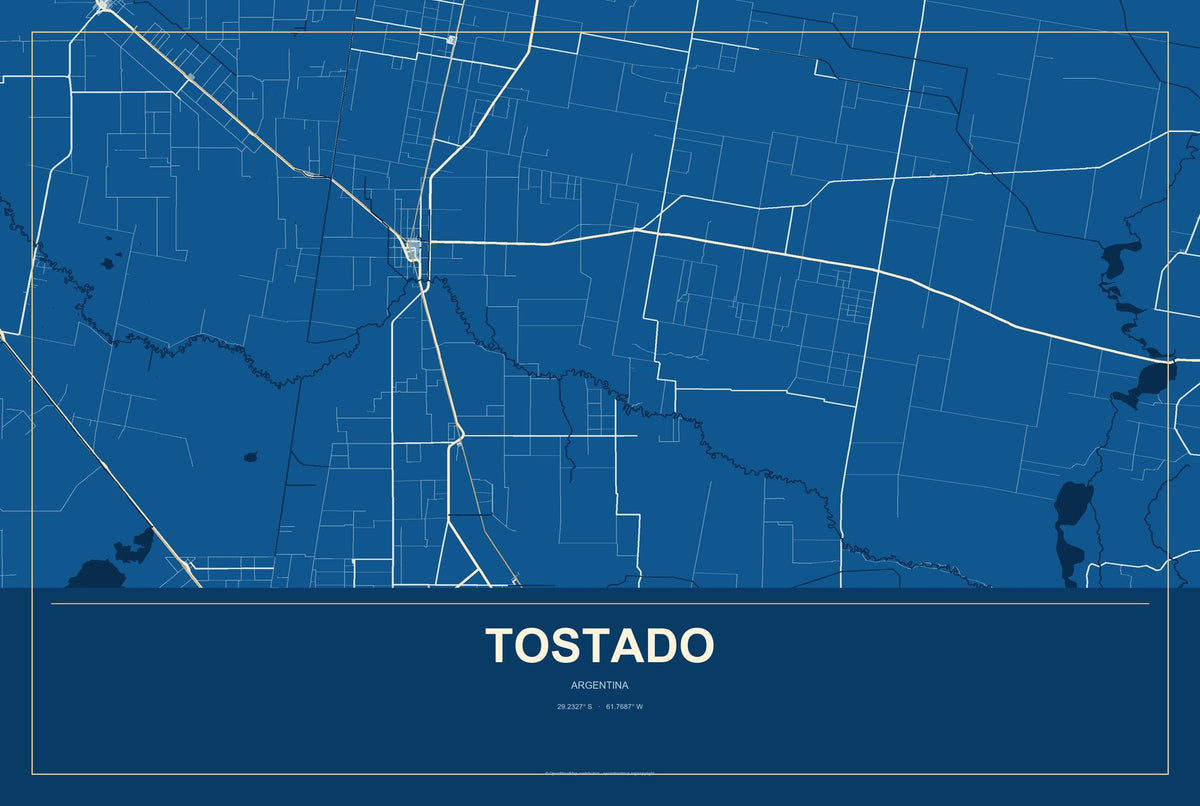 Tostado, Argentina City Map Aluminum Sign in Harbor Cobalt style