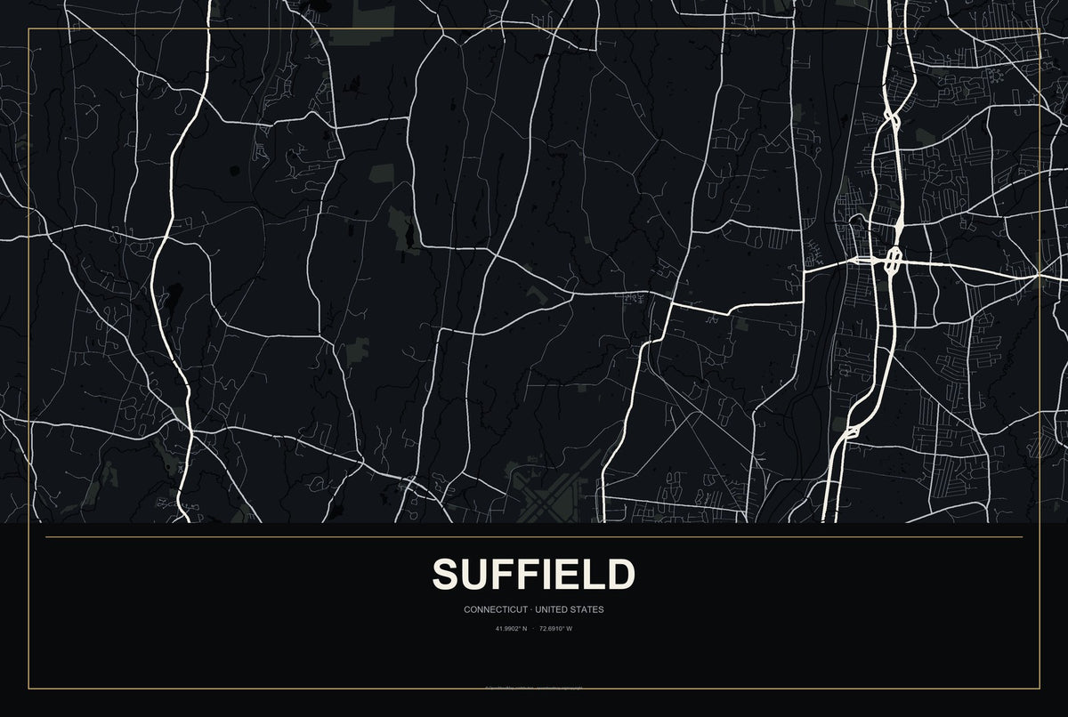 Suffield, Connecticut City Map Aluminum Sign in Metropolitan Noir style