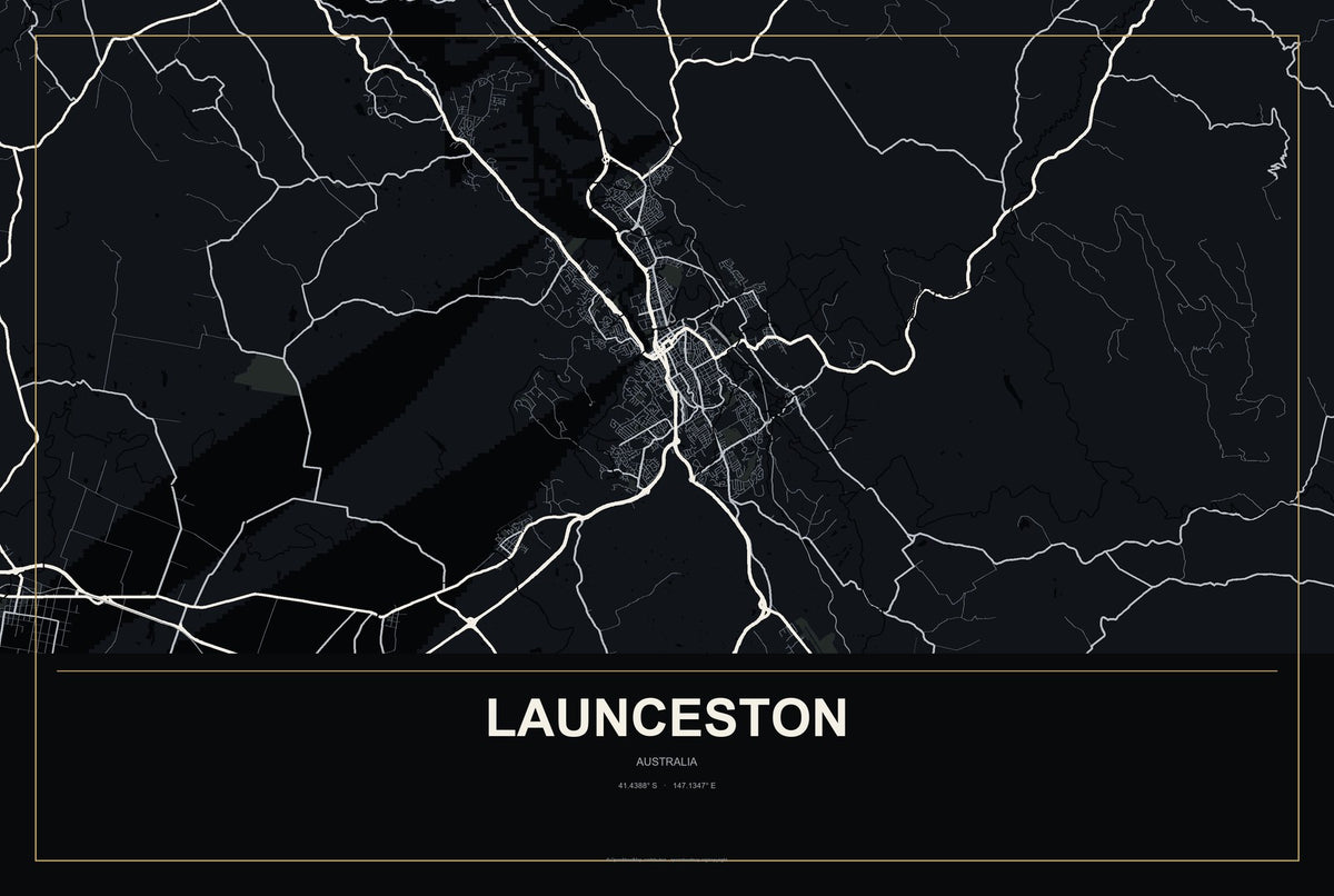 Launceston, Australia City Map Aluminum Sign in Metropolitan Noir style