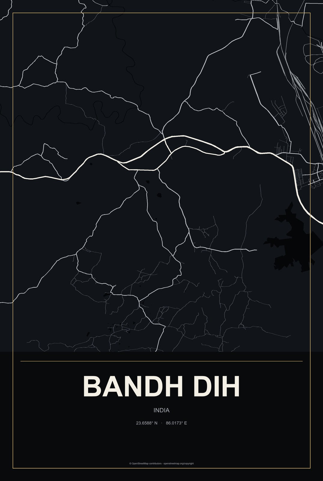 Bandh Dih, India City Map Aluminum Sign in Metropolitan Noir style