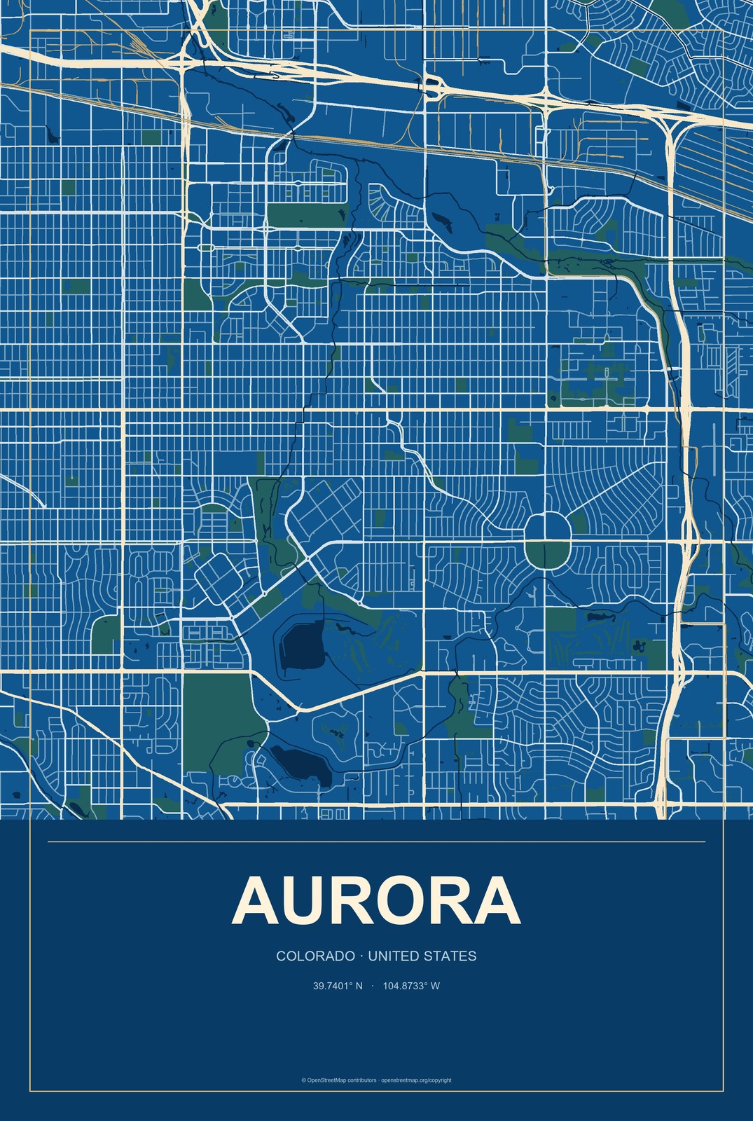 Aurora, Colorado City Map Aluminum Sign in Harbor Cobalt style