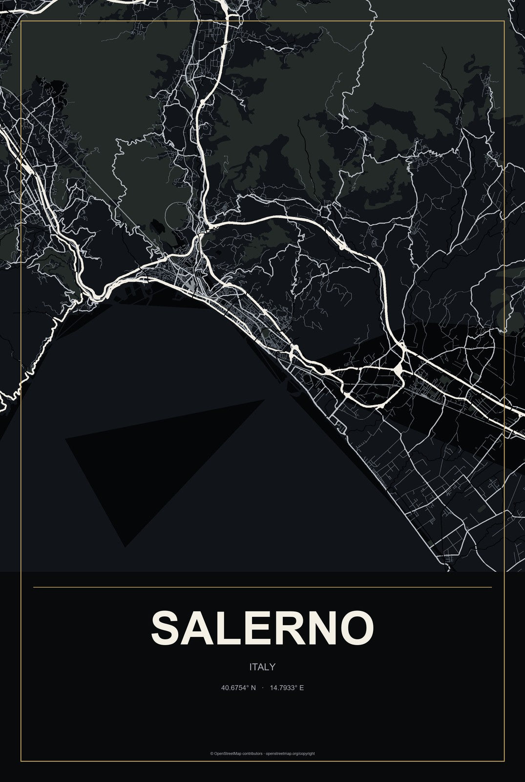 Salerno, Italy City Map Aluminum Sign in Metropolitan Noir style