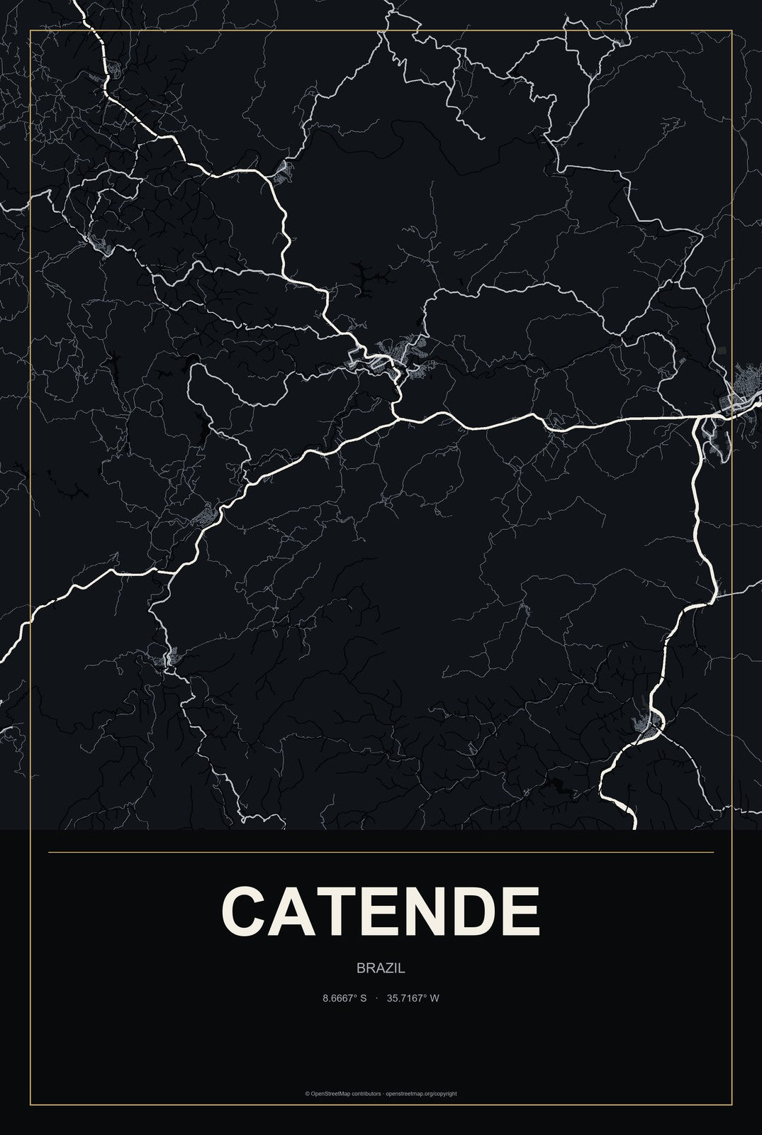 Catende, Brazil City Map Aluminum Sign in Metropolitan Noir style