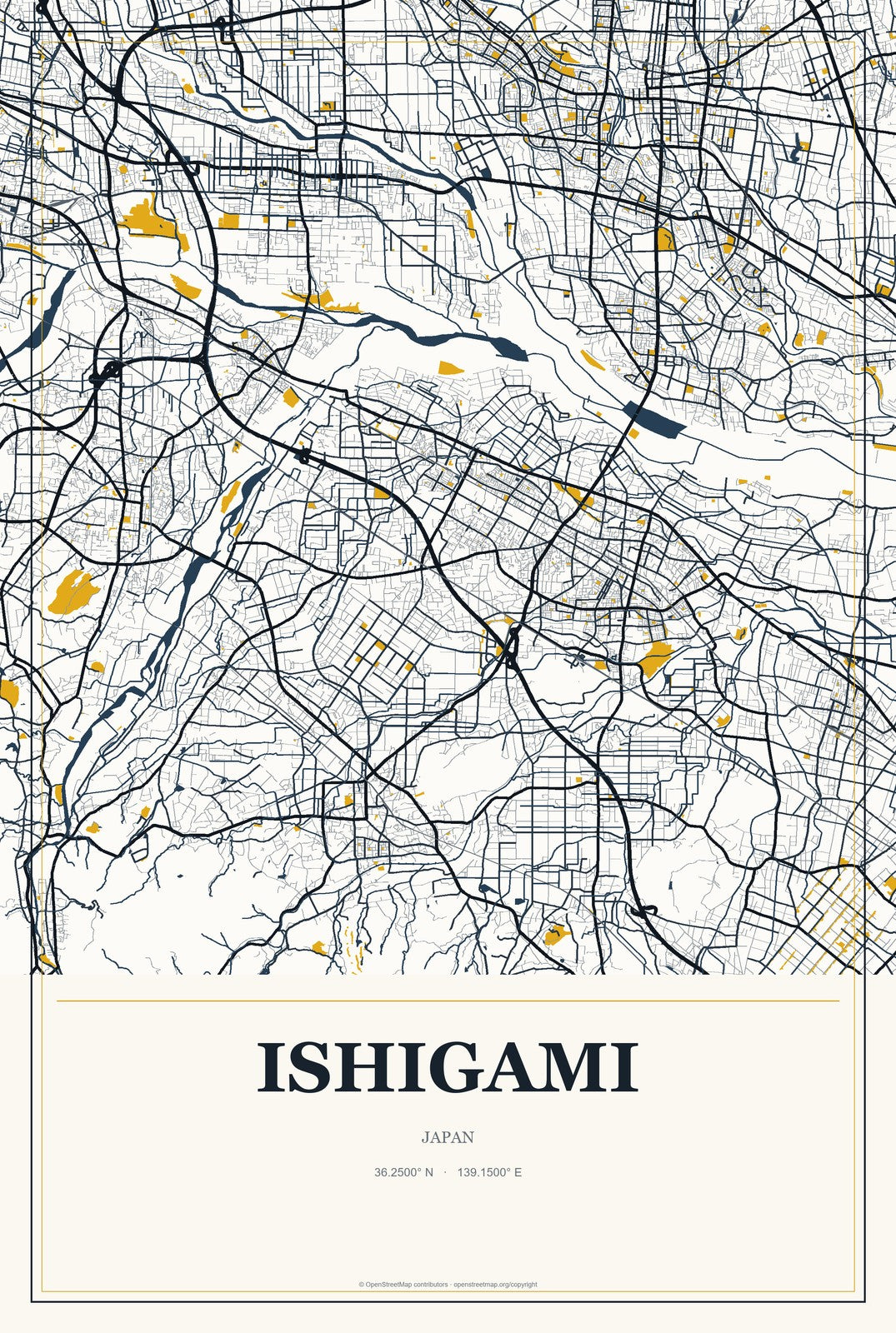 Ishigami, Japan City Map Aluminum Sign in Citrine Modern style