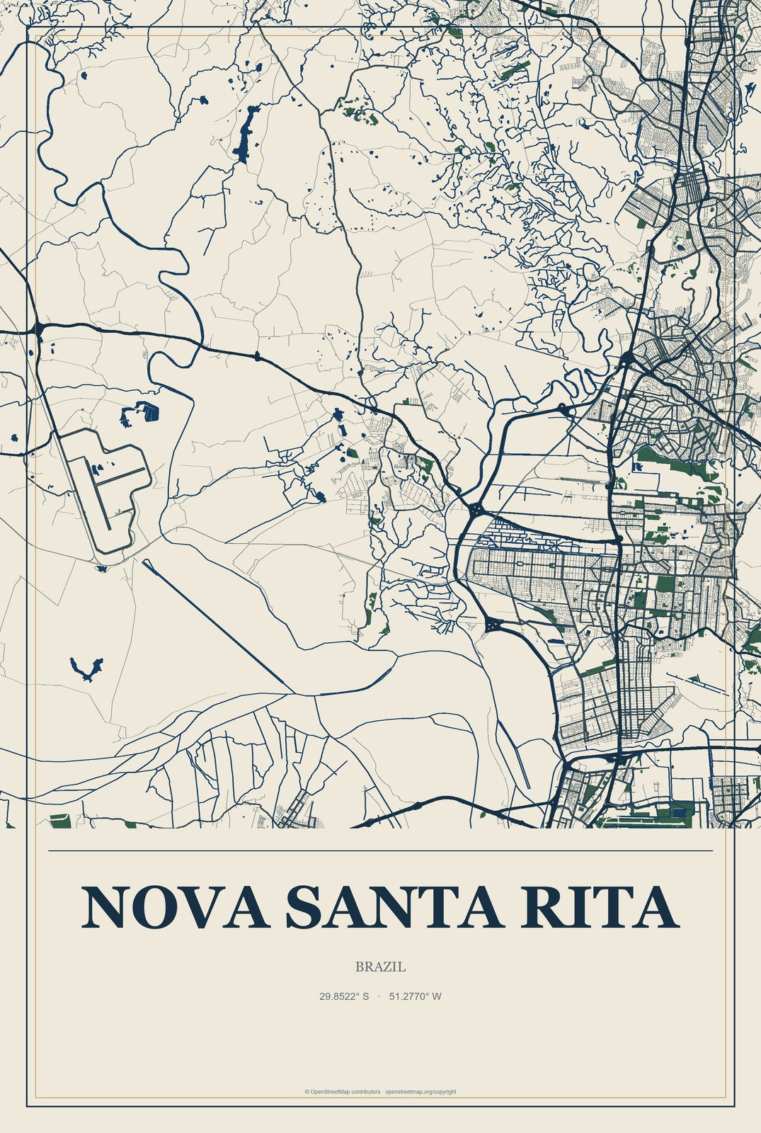 Nova Santa Rita, Brazil City Map Aluminum Sign in Coastal Cutout style