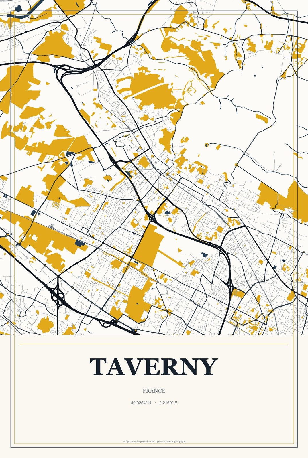Taverny, France City Map Aluminum Sign in Citrine Modern style