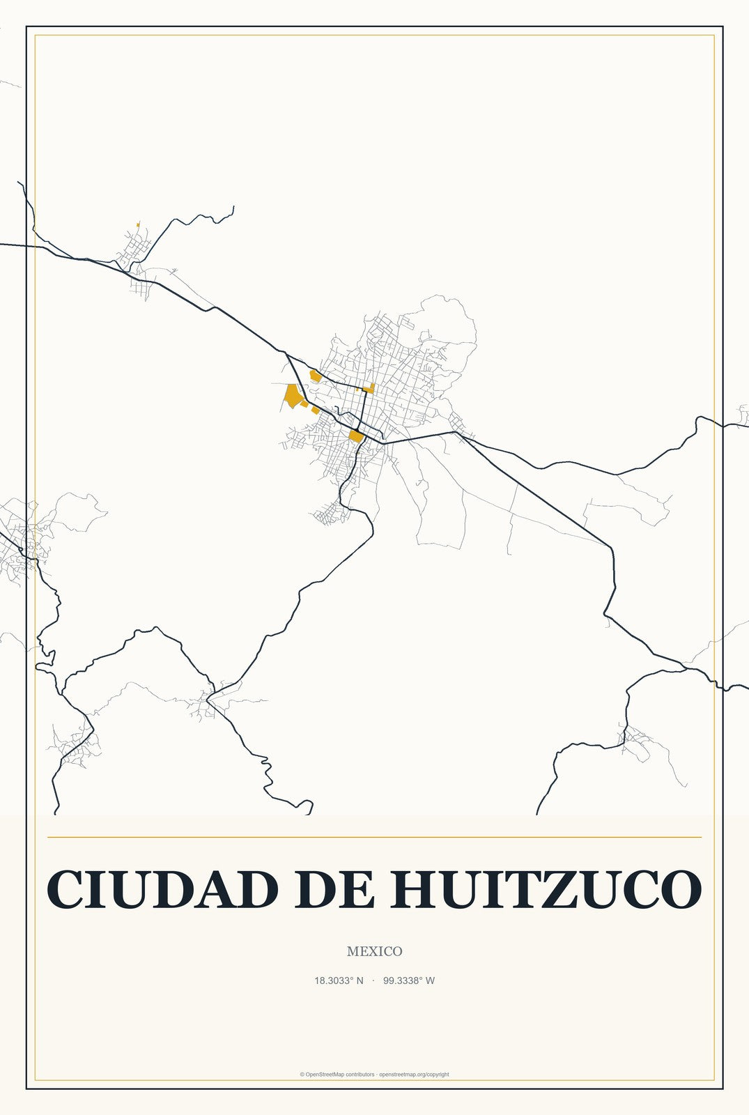 Ciudad de Huitzuco, Mexico City Map Aluminum Sign in Citrine Modern style