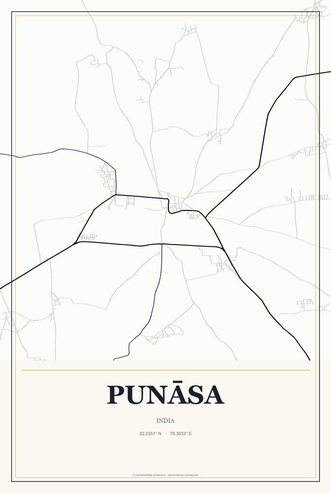 Punāsa, India City Map Aluminum Sign in Citrine Modern style