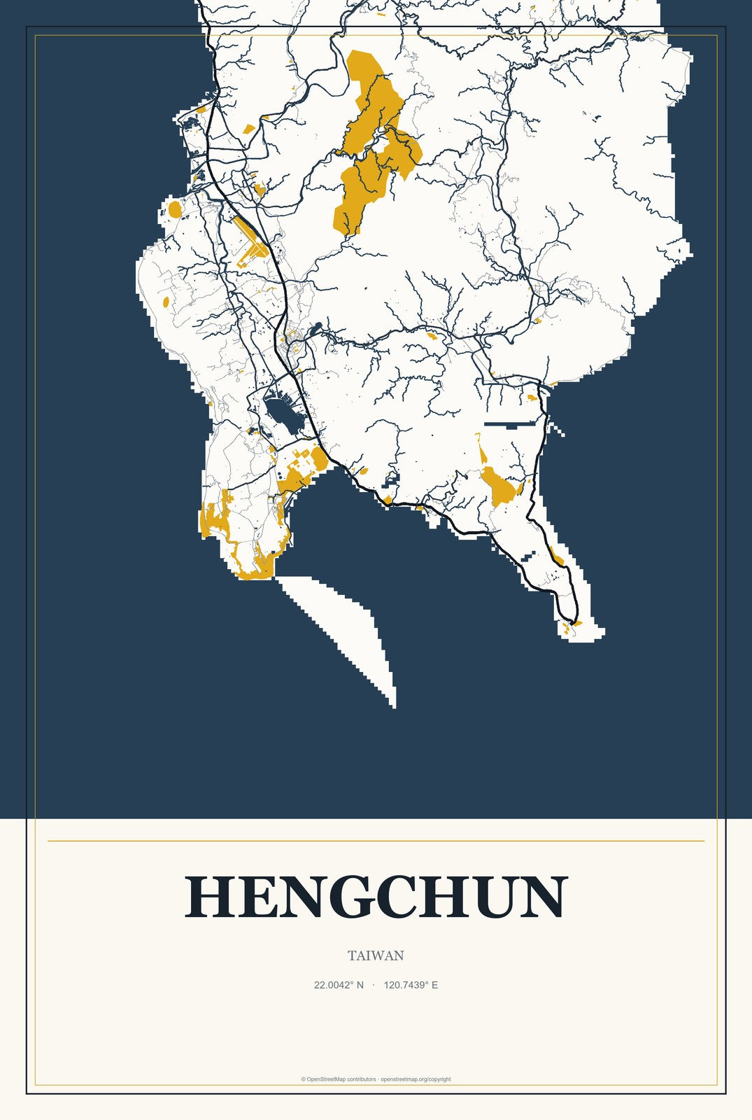 Hengchun, Taiwan City Map Aluminum Sign in Citrine Modern style