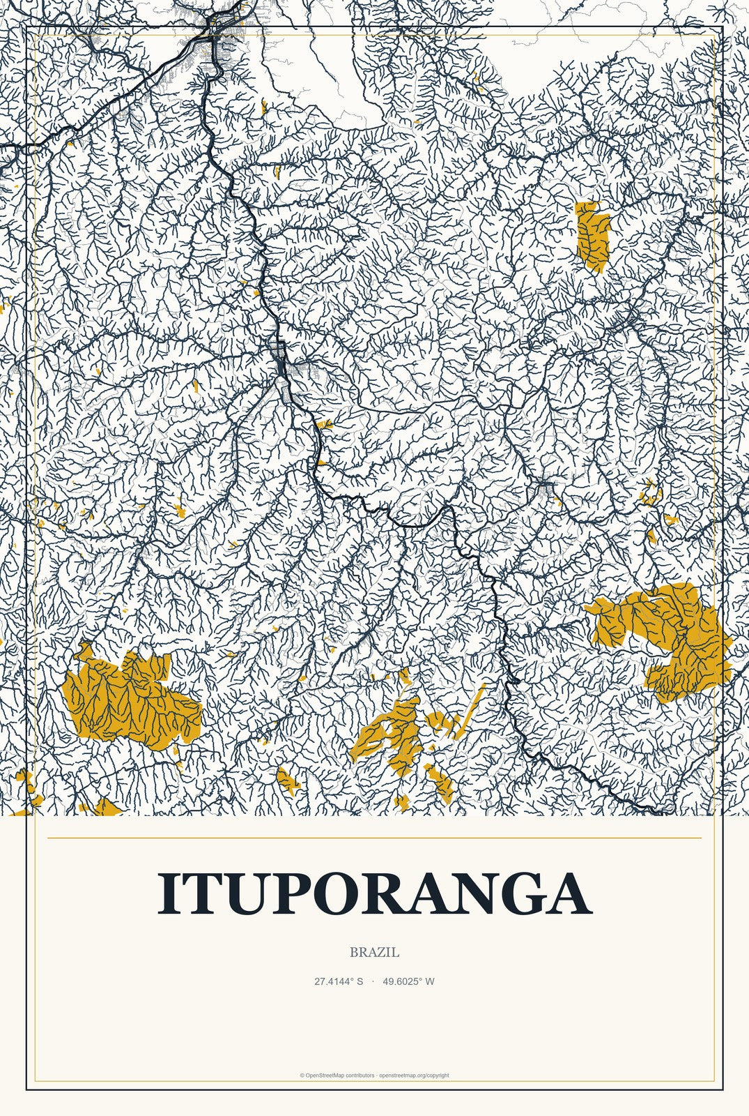 Ituporanga, Brazil City Map Aluminum Sign in Citrine Modern style