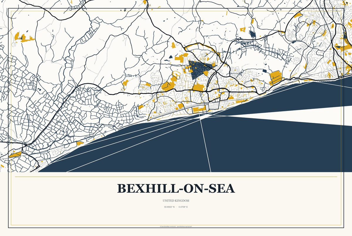 Bexhill-on-Sea, United Kingdom City Map Aluminum Sign in Citrine Modern style