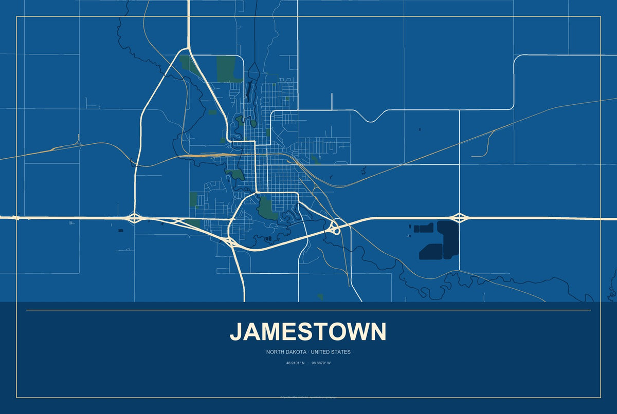 Jamestown, North Dakota City Map Aluminum Sign in Harbor Cobalt style
