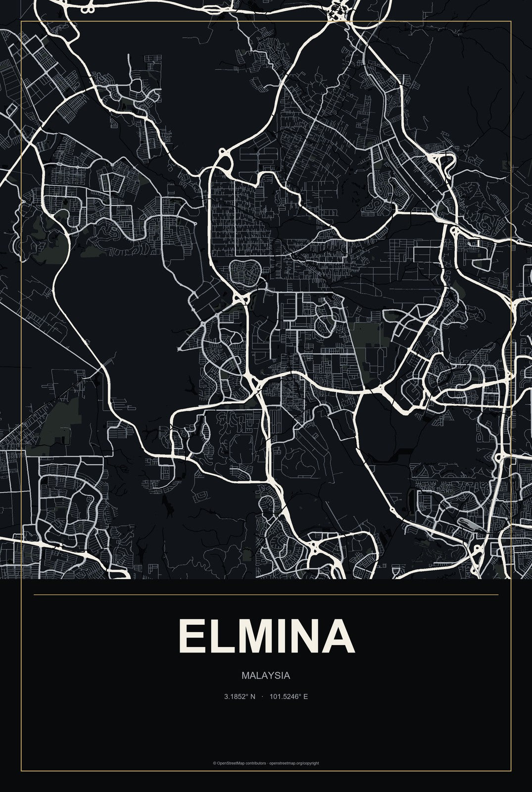 Elmina, Malaysia City Map Aluminum Sign in Metropolitan Noir style