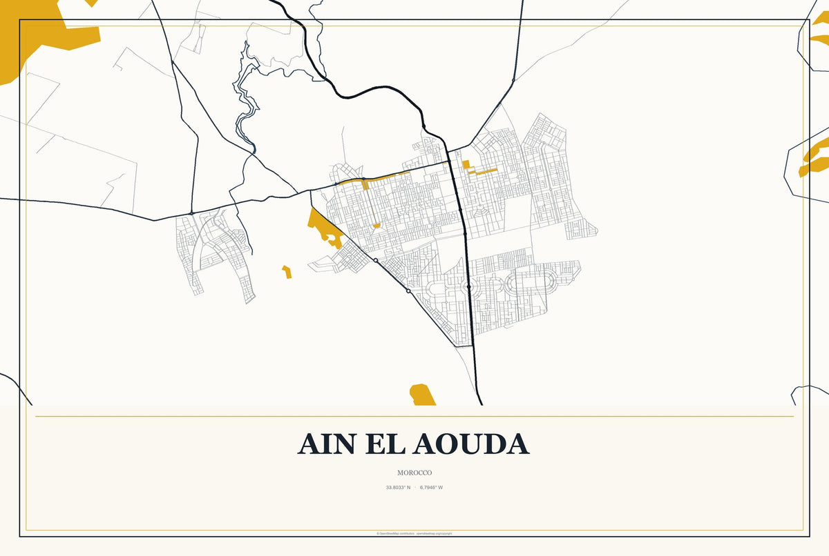 Ain El Aouda, Morocco City Map Aluminum Sign in Citrine Modern style