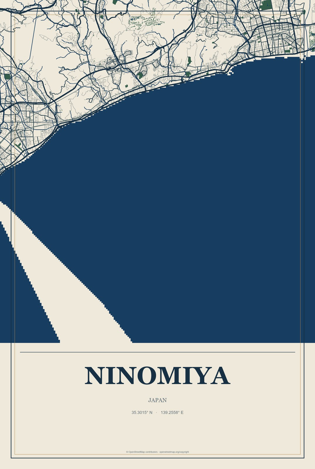 Ninomiya, Japan City Map Aluminum Sign in Coastal Cutout style